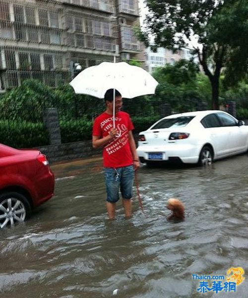 天津遭遇暴雨袭击一片汪洋 市民不忘"雨中取乐"