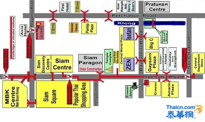 曼谷购物示意图；Siam Centre、Siam Paragong、ZEN等