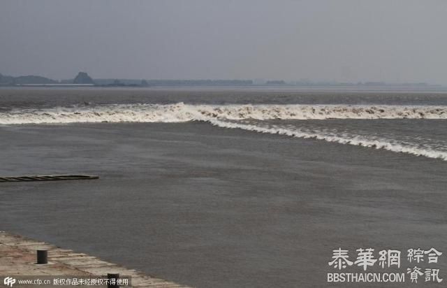 钱塘江现罕见交叉潮 场面壮观引游客观赏