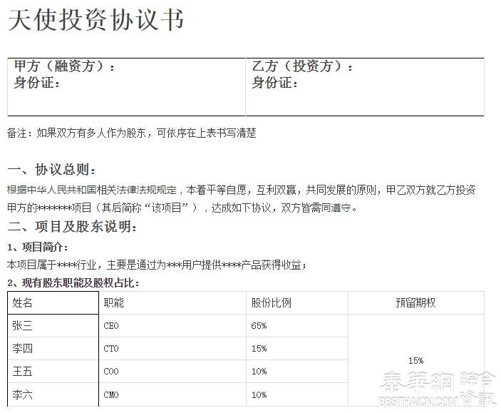 【股权融资】天使投资协议书标准模板