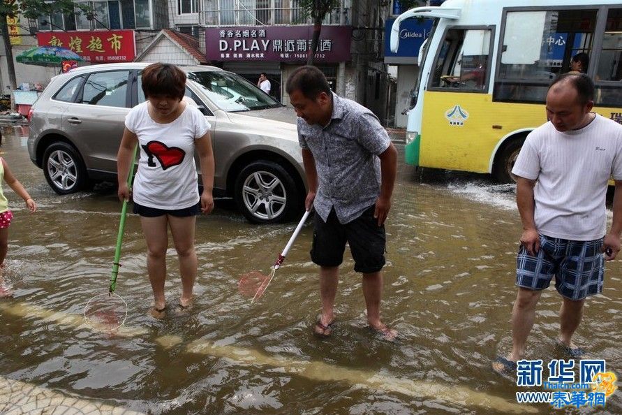 连云港持续大暴雨 市民马路上捕鱼7月8日，连云港市民冒着大